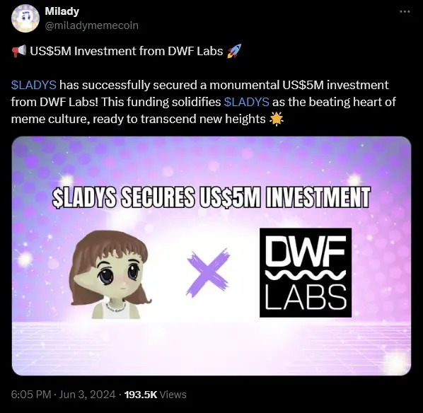 宣布成功從 DWF Labs 獲得了巨額投资