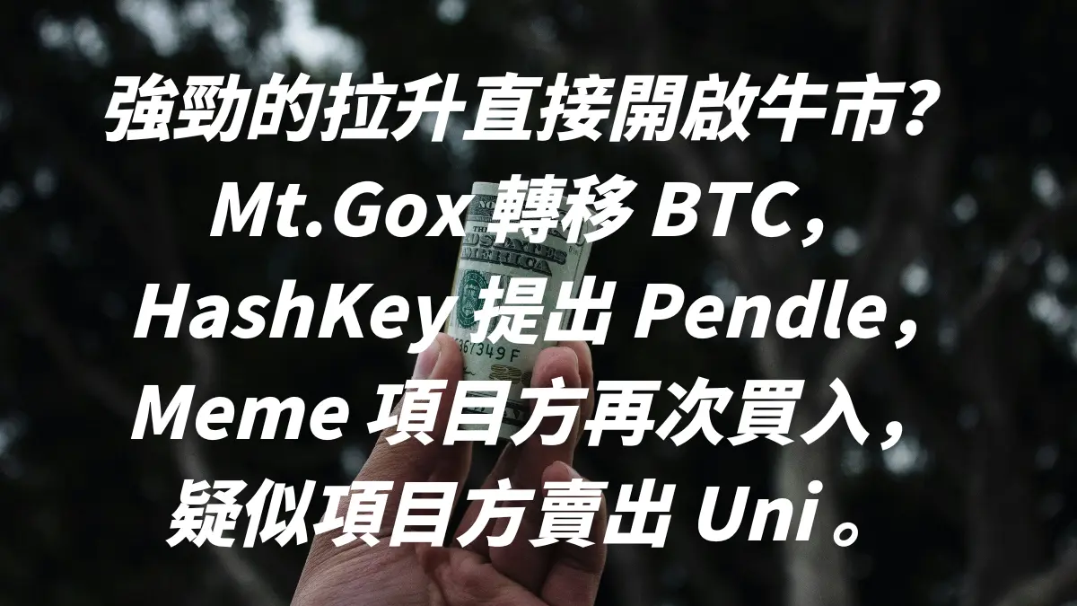 強勁的拉升直接開啟牛市？Mt.Gox 轉移 BTC，HashKey 提出 Pendle，Meme 項目方再次買入，疑似項目方賣出 Uni 。