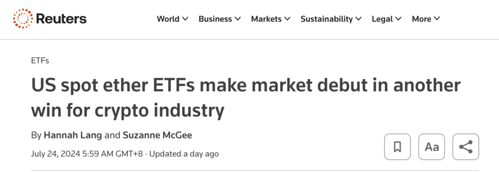 路透社針對 ETH SPOT ETF 通過後的報導