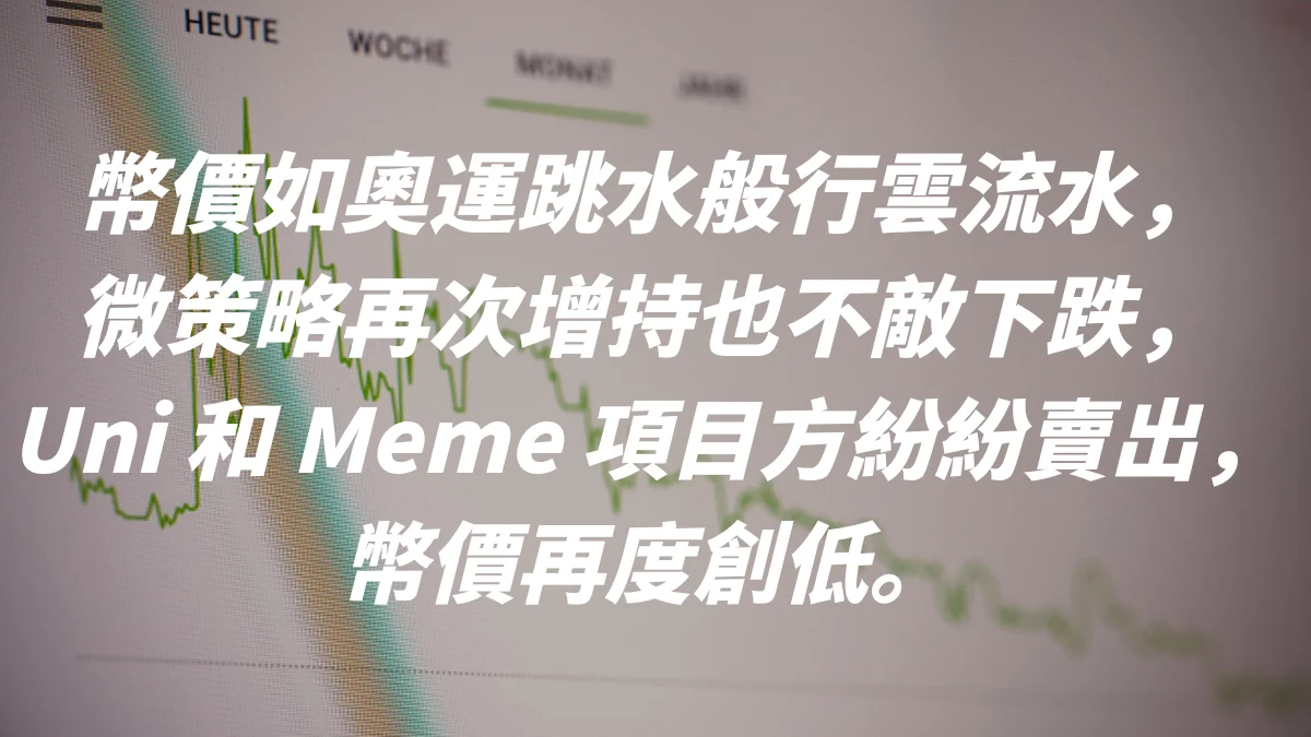 幣價如奧運跳水般行雲流水，微策略再次增持也不敵下跌，Uni 和 Meme 項目方紛紛賣出，幣價再度創低。