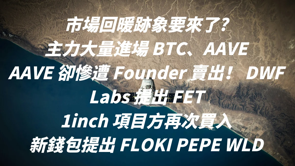 大量 BTC 被提出，新錢包提出 AAVE，AAVE Founder 賣出 AAVE，疑似為 DWF Labs 提出 FET，1inch 項目方再次買入，新錢包提出 FLOKI， PEPE 和 WLD。