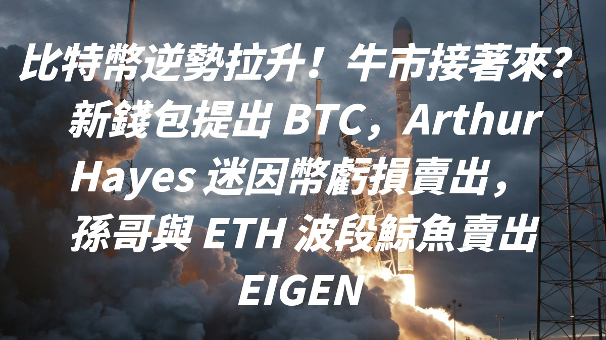 比特幣逆勢拉升！牛市接著來？ 新錢包提出 BTC，Arthur Hayes 買入的迷因幣虧損賣出， 孫哥與 ETH 波段鯨魚賣出 EIGEN 