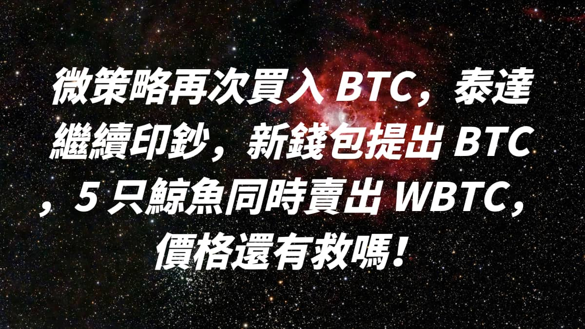 微策略再次買入 BTC，泰達繼續印鈔，新錢包提出 BTC ，5 只鯨魚同時賣出 WBTC，價格還有救嗎！